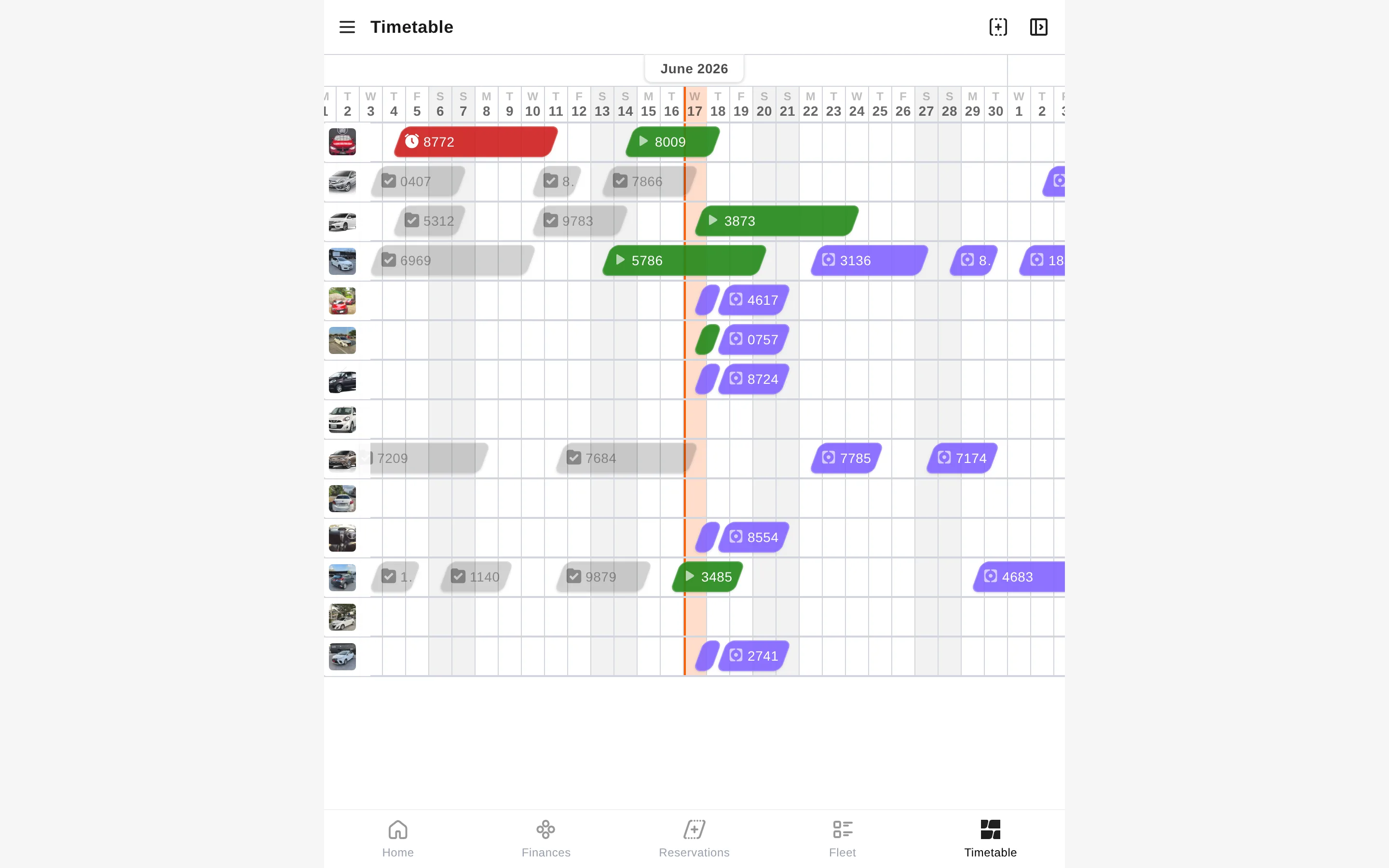 Ownima operator timetable: a month-long booking calendar with colour-coded reservations across each vehicle in the fleet